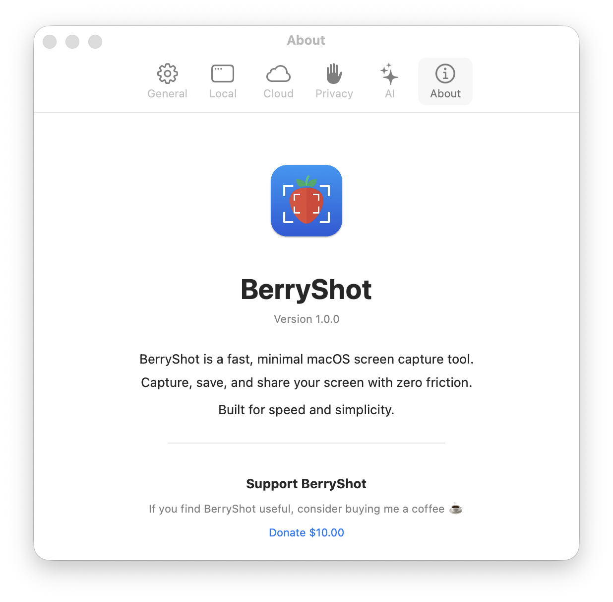 BerryShot About Settings Interface