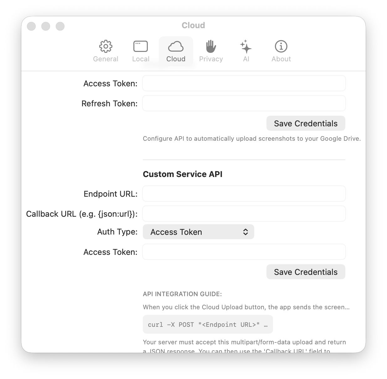 Cloud Upload Settings Screen